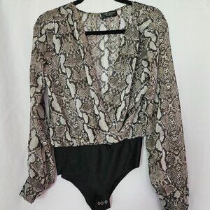 Zara Accessories Snake Print Semi-sheer Bodysuit Long Sleeve Deep V-neck Sz S